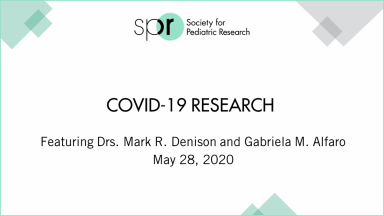 Slide titled 'COVID-19 Research,' featuring Drs. Mark R. Denison and Gabriela M. Alfaro, May 28, 2020. Includes SPR logo