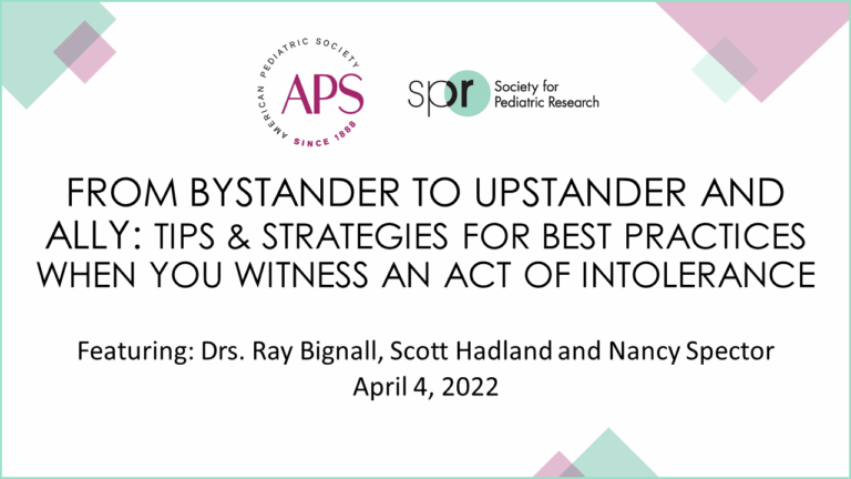 Presentation slide titled “From Bystander to Upstander and Ally: Tips & Strategies for Best Practices When You Witness an Act of Intolerance” with APS and SPR logos, featuring names of speakers and date April 4, 2022.