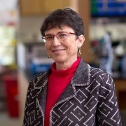 A person with short hair and glasses wears a patterned jacket over a red top in an indoor setting.